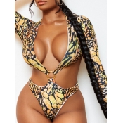 Lovely Bohemian Print Hollow-out Yellow One-piece 