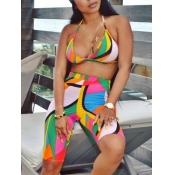 Lovely Bohemian Halter V Neck Print Green Two-piec