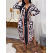 Lovely Casual Leopard Print Striped Asymmetrical M