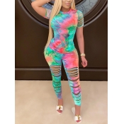 LW Trendy O Neck Tie Dye Ripped Green Two Piece Pa