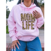 LW Street Hooded Collar Leopard Letter Print Pink 