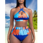 LW Trendy Letter Print Cross Strap Blue Two-piece 