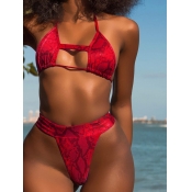 Lovely Trendy Cobra Print Hollow-out Red Two-piece