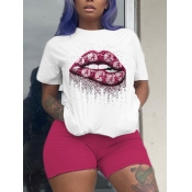 Lovely Casual O Neck Lip Print Red Two-piece Short