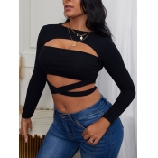 LW Sexy O Neck Hollow-out Black T-shirt