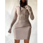 Lovely Casual Hooded Collar Patchwork Beige Knee L