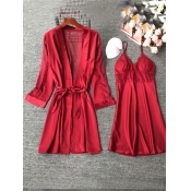 LW Casual Bandage Design Lace Patchwork Red Sleepw