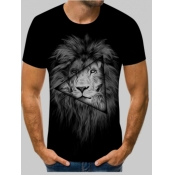 LW Men Casual O Neck Lion Print Black T-shirt