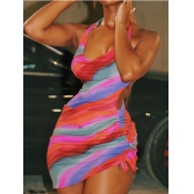 Lovely Sexy Backless Rainbow Striped Ruched Red Mi