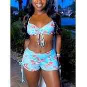 Lovely Sexy Print Drawstring Blue Two-piece Swimsu