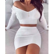 LW Casual V Neck Elastic White Two Piece Skirt Set