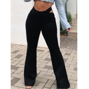 LW Casual Mid Waist Hollow-out Flared Black Pants