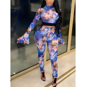 Lovely Sweet Flared Print Patchwork Blue Two Piece