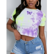 Lovely Casual Butterfly Print Tie-dye Purple T-shi