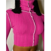 Lovely Trendy Turtleneck Striped Rose Red T-shirt