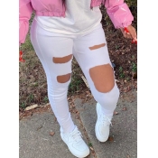 Lovely Casual High-waisted Broken Holes White Jean