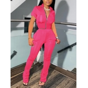 LW Casual Turndown Collar Zipper Design Rose Red T