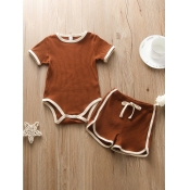 Lovely Girl Casual O Neck Patchwork Brown Two Piec