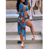 Lovely Sexy Floral Print Hollow-out Blue Three-pie