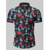 Lovely Men Casual Turndown Collar Floral Print Bla