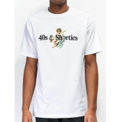 LW Men Casual O Neck Graffiti Letter Print White T