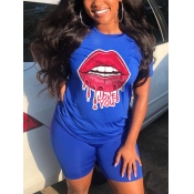Lovely Sweet Lip Letter Print Blue Two Piece Short