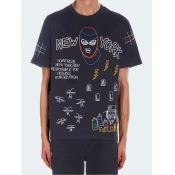 Lovely Men Casual O Neck Letter Print Black T-shir