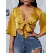 Lovely Party V Neck Knot Design Gold Blouse