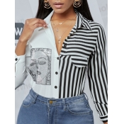 Lovely Casual Turndown Collar Print Striped Patchw
