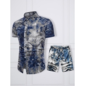 Lovely Men Casual Splash Ink Print Blue Two Piece 