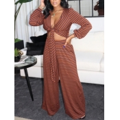 Lovely Trendy Striped Bandage Design Brown One-pie