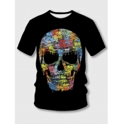 Lovely Boy Street Skull Print Patchwork Black T-sh