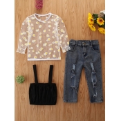 Lovely Girl Trendy Floral Print Broken Holes White