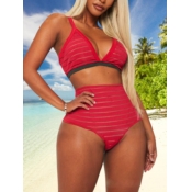 Lovely Casual V Neck Striped Red Two-piece Swimsui