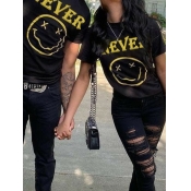 Lovely Men Trendy Smiley Face Letter Print Black T