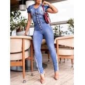 Lovely Casual V Neck Raw Edge Baby Blue One-piece 