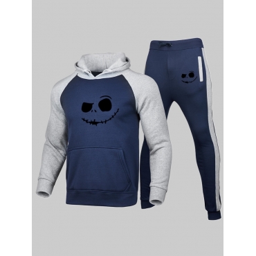 LW Men Sportswear Hooded Collar Smiley Face Print Patchwork Blue Two Piece Pants Set, lovely, Two-piece Pants Set  - buy with discount