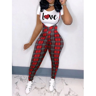 

LW Casual O Neck Plaid Letter Print Red Two Piece Pant Set