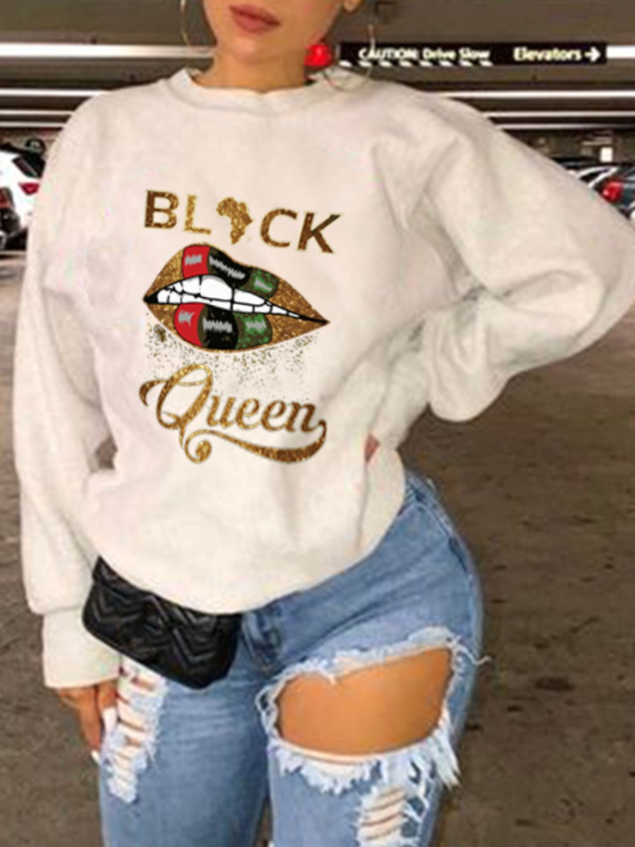 

Lovely Casual O Neck Lip Letter Print White Hoodie