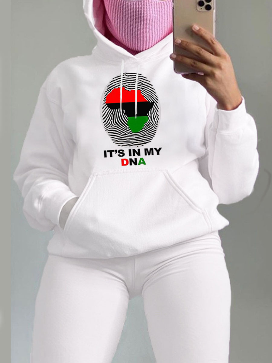 

Lovely Trendy Hooded Collar Africa Letter Print White Hoodie