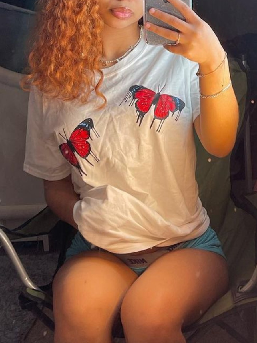 

Lovely Casual O Neck Butterfly Print White T-shirt