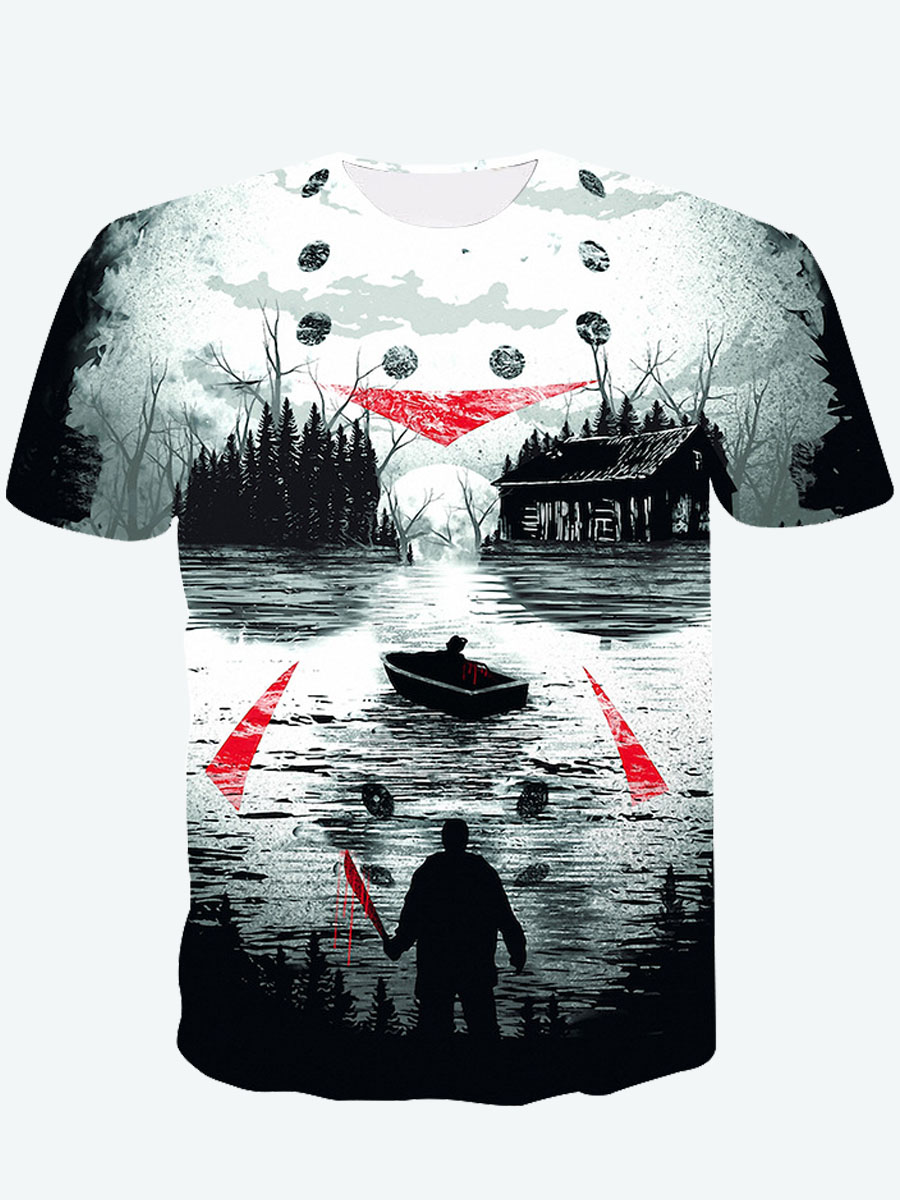 

Lovely Men Casual O Neck Village River Print Black T-shirt