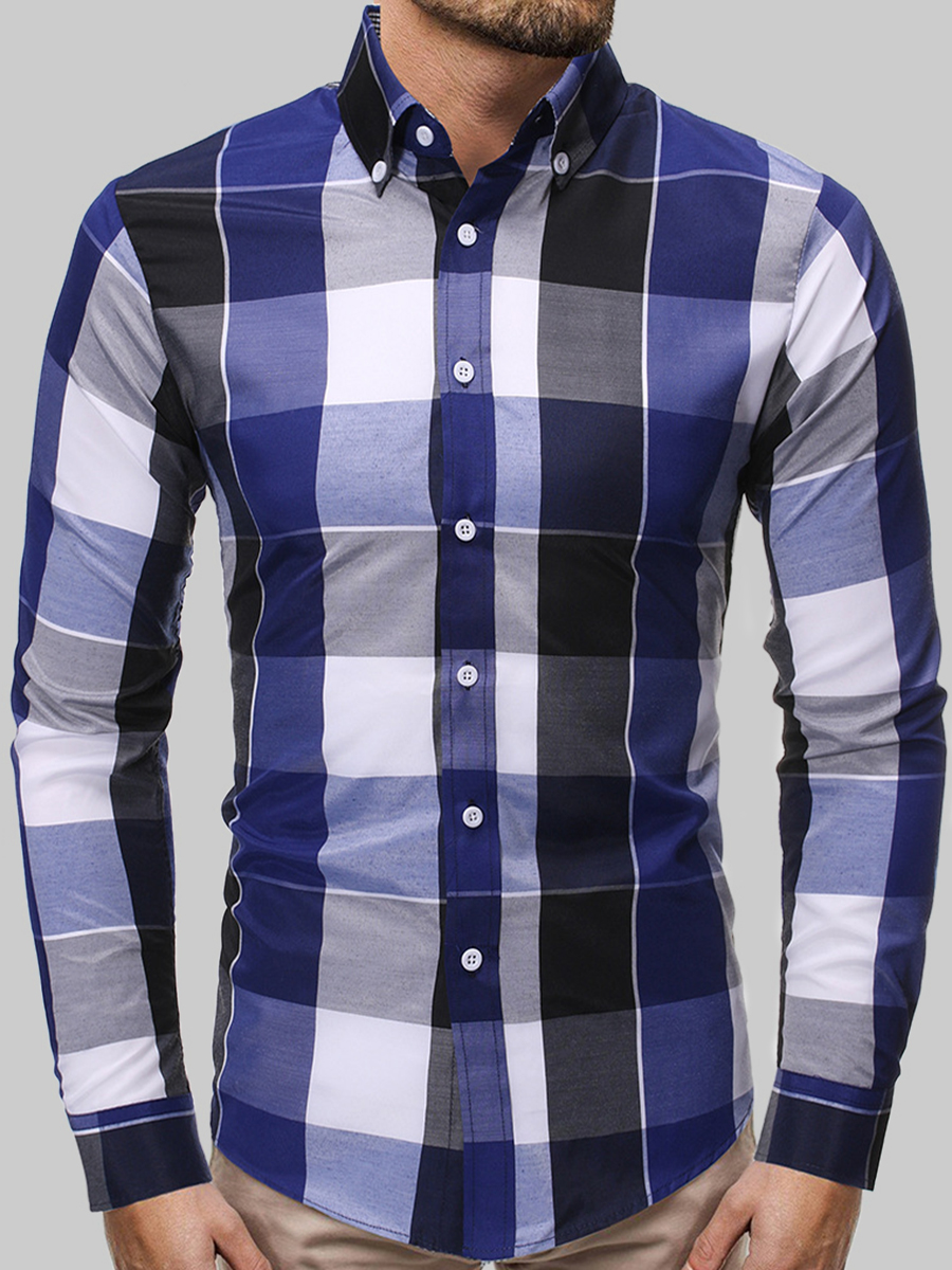 

Lovely Men Casual Turndown Collar Plaid Print Blue Shirt