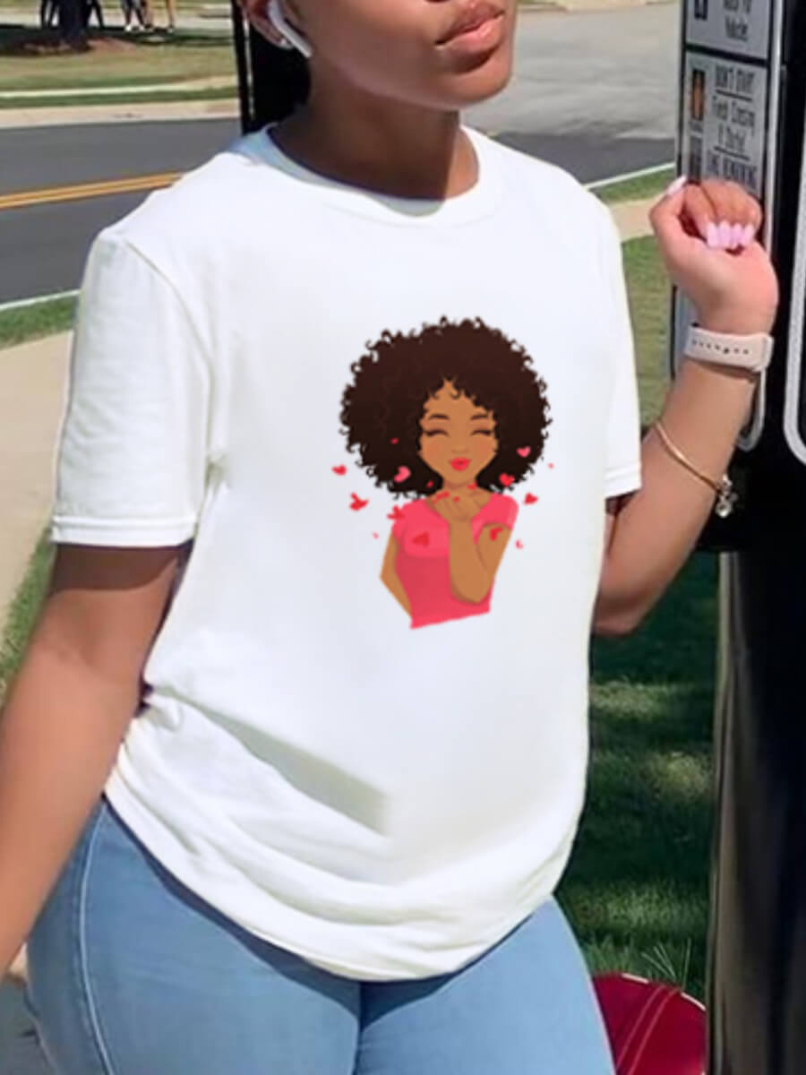 

Lovely Casual O Neck Portrait Print White Plus Size T-shirt