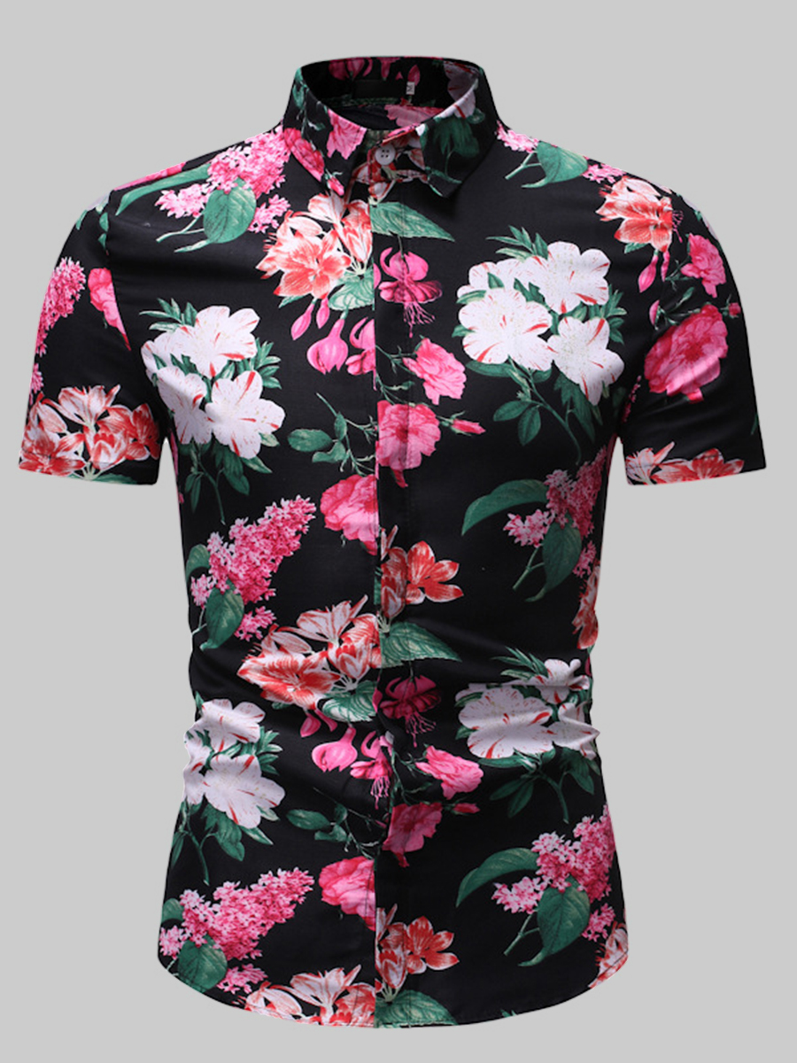 

Lovely Trendy Floral Print Patchwork Black Men Shirt