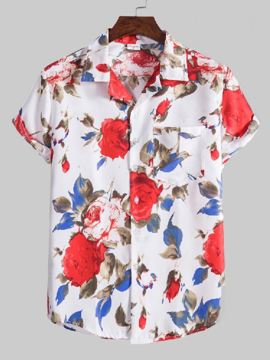 

LW Men Casual Floral Print Patchwork White Shirt