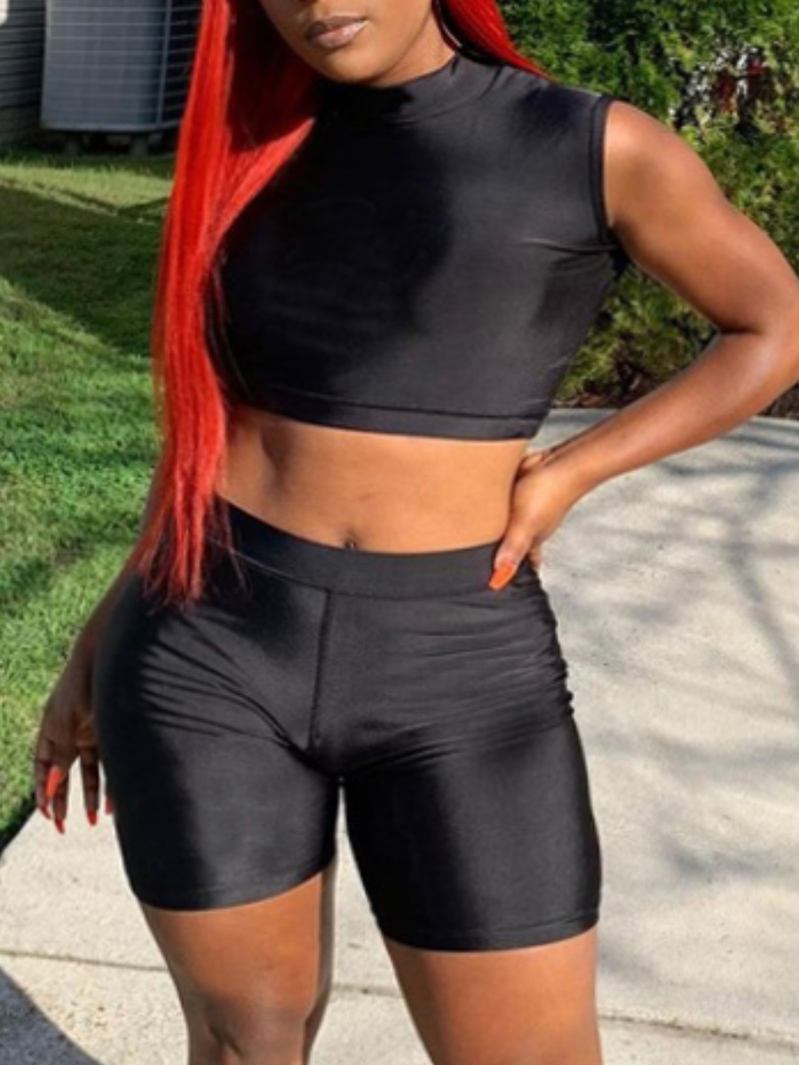Lovely Chic O Neck Crop Top Black Two Piece Shorts Set