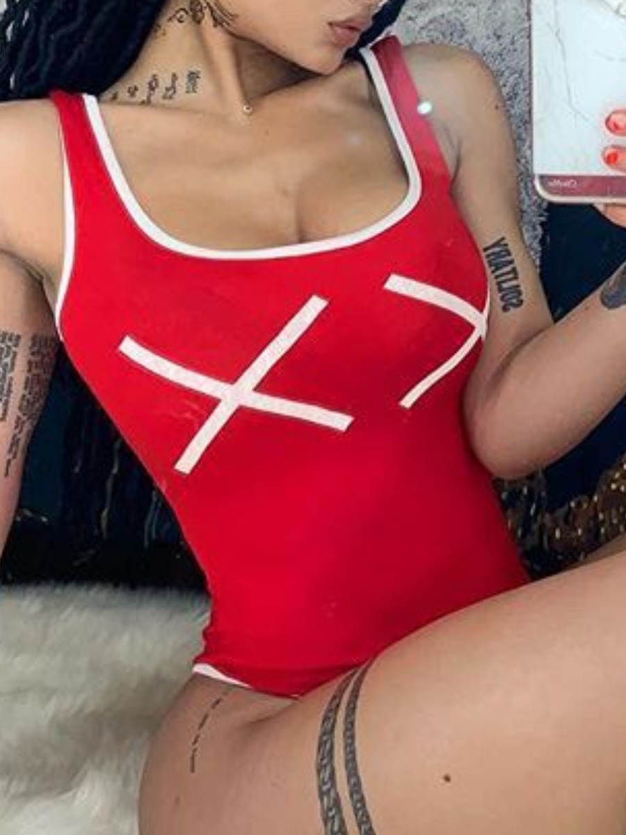 

Lovely Casual U Neck Letter Print Red One-piece Swimsuit