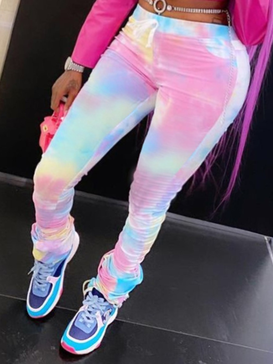 

Lovely Casual Tie-dye Fold Design Multicolor Plus Size Pants, Multi