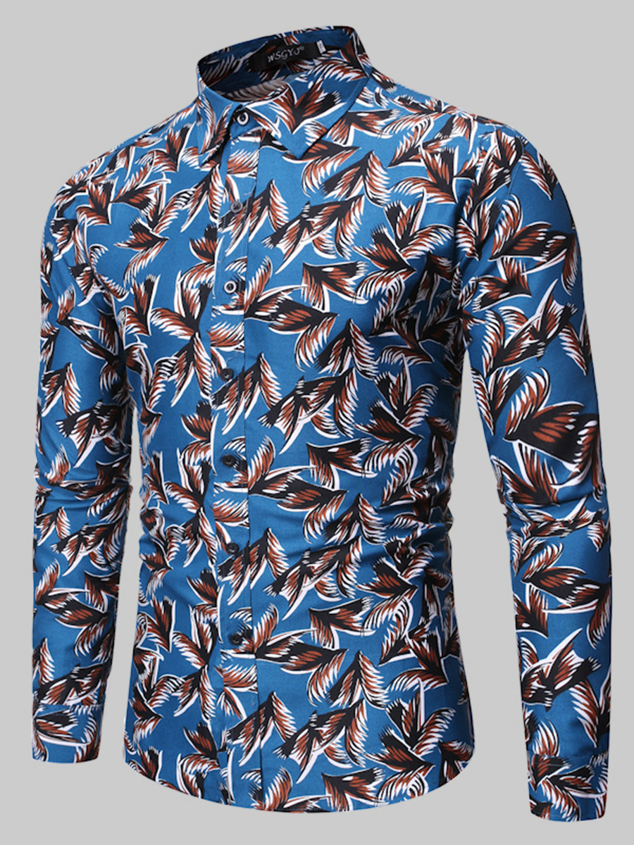 

Lovely Men Trendy Feather Print Patchwork Blue Shirt